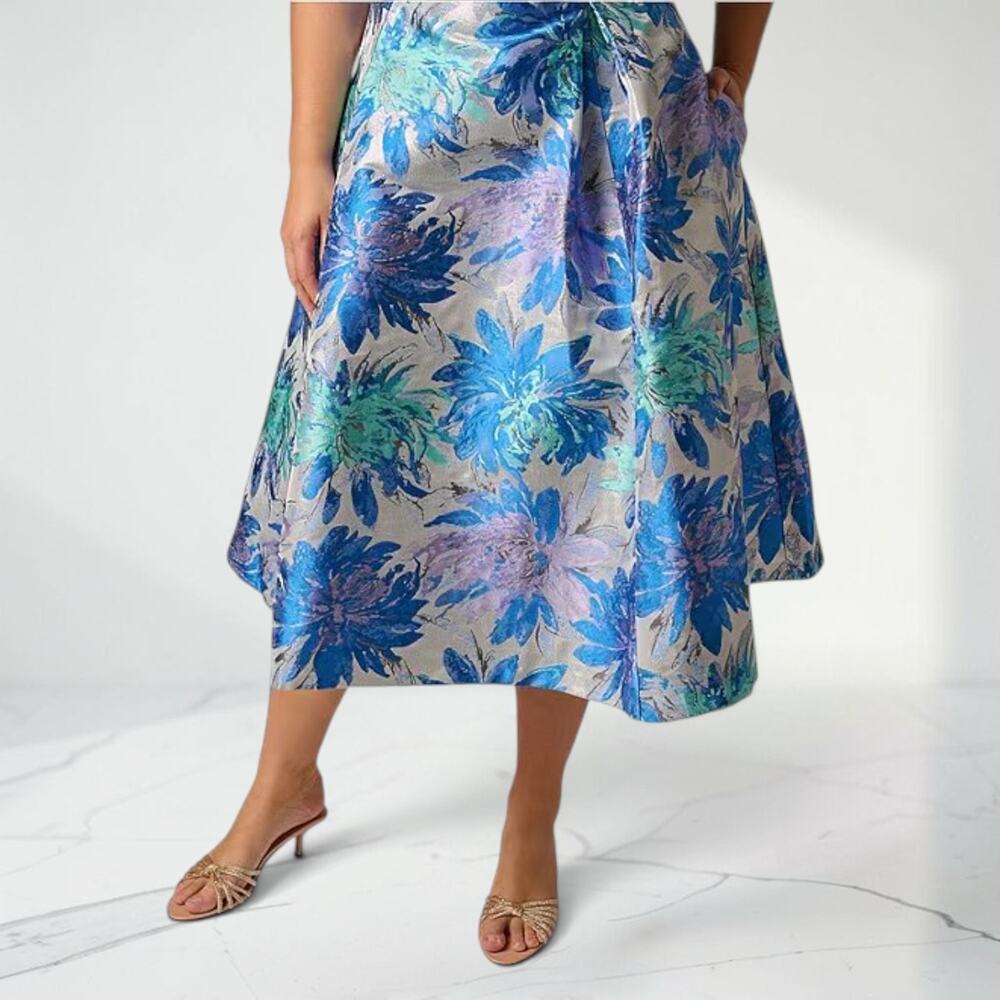 Adrianna Papell 16W Blue Silver Metallic Jacquard Midi Dress Pockets Wedding - Picture 7 of 13